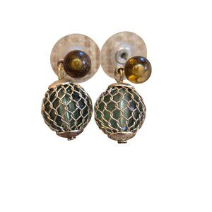 Vintage Mesh Earrings  Green Japanese Glass Fishing Float Beads  Amber Accents